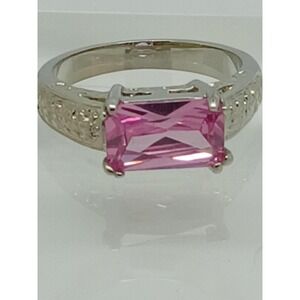 Pink Radiant Cut Solitaire Statement Ring Silver Tone Filigree Band Size‎ 10 3ct